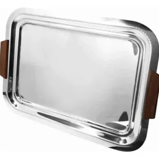 BANDEJA RECTANG. DOBLE BAJADA AC. INOX. C/ASAS MADERA 33 X 25 CMS. CAROL