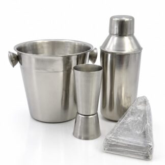 JUEGO BARMAN AC. INOX. "T.K" (BALDE + PINZA + COCT. + MEDIDA)