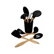 SET UTENSILLOS X 9 PIEZAS SILICONA Y MANGO MANGO BAMBU C/CONTENEDOR CAROL