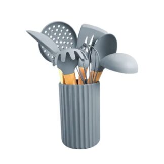 SET UTENSILLOS X 9 PIEZAS SILICONA Y MANGO MANGO BAMBU C/CONTENEDOR CAROL