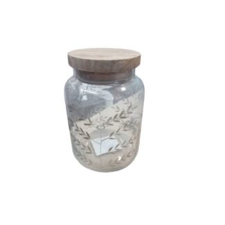 FRASCO VIDRIO LABRADO C/TAPA MADERA 8,5 x 8,5 cm CAROL